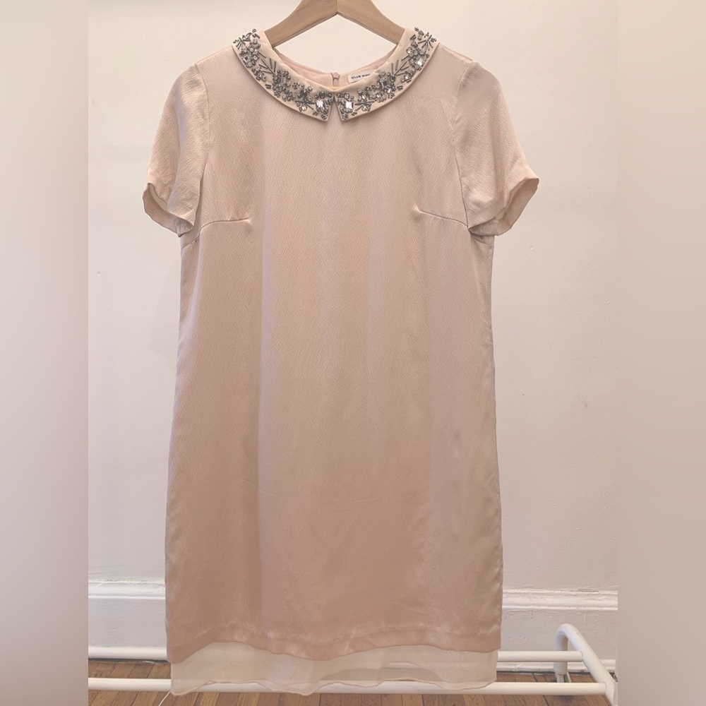 Club Monaco Baby Pink Silk Dress with Bejeweled Collar.